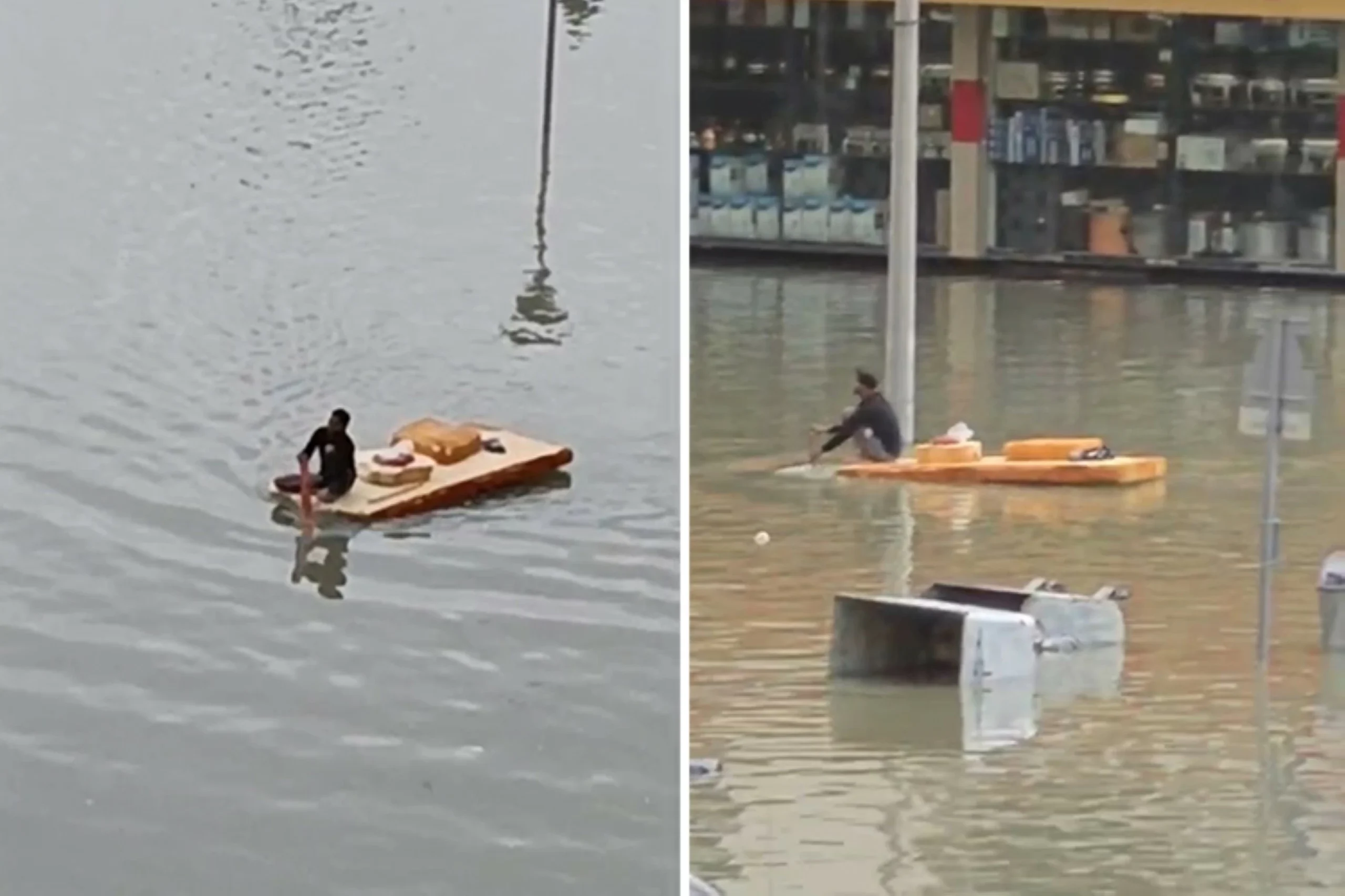 Man sails on makeshift float through flooded Al Khan in Sharjah