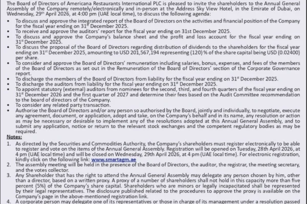Invitation to the annual general assembly of Americana Restaurants International PLC (the “Company)