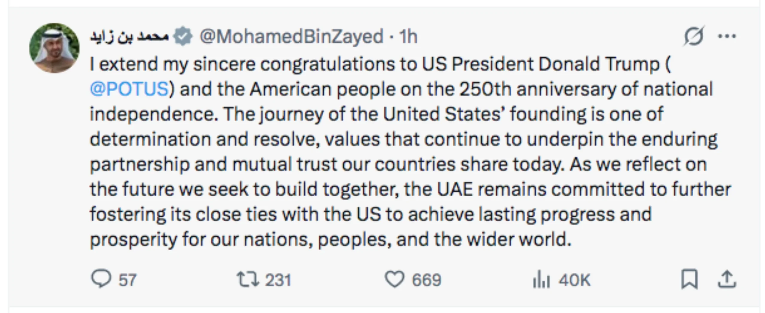 Sheikh Mohamed congratulates Trump on America’s 250 Independence Day